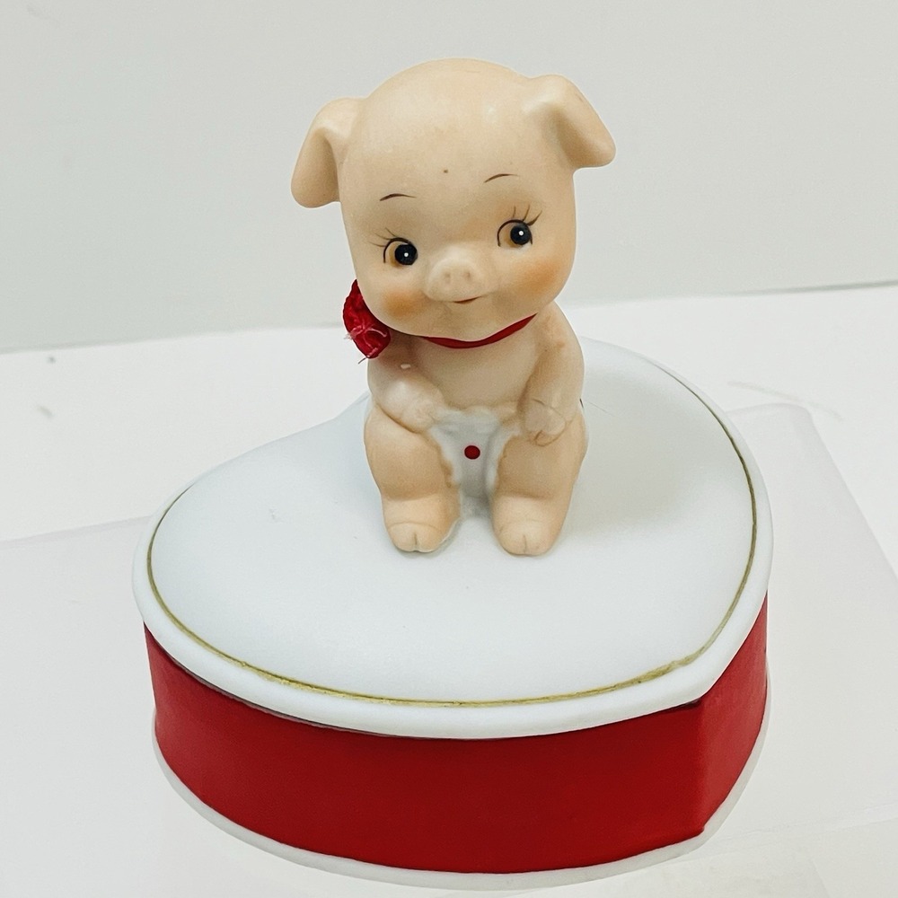 Vtg LEFTON Pig Heart-Shaped Porcelain Trinket Box Valentine Red White w/ Sticker